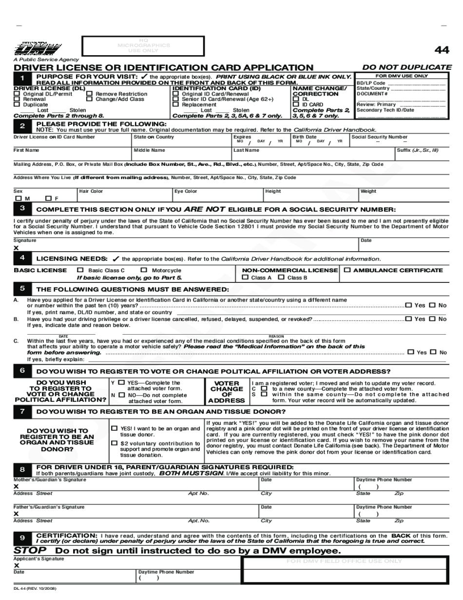 CA DMV DL 44 2008 2025 Form Printable Blank PDF Online