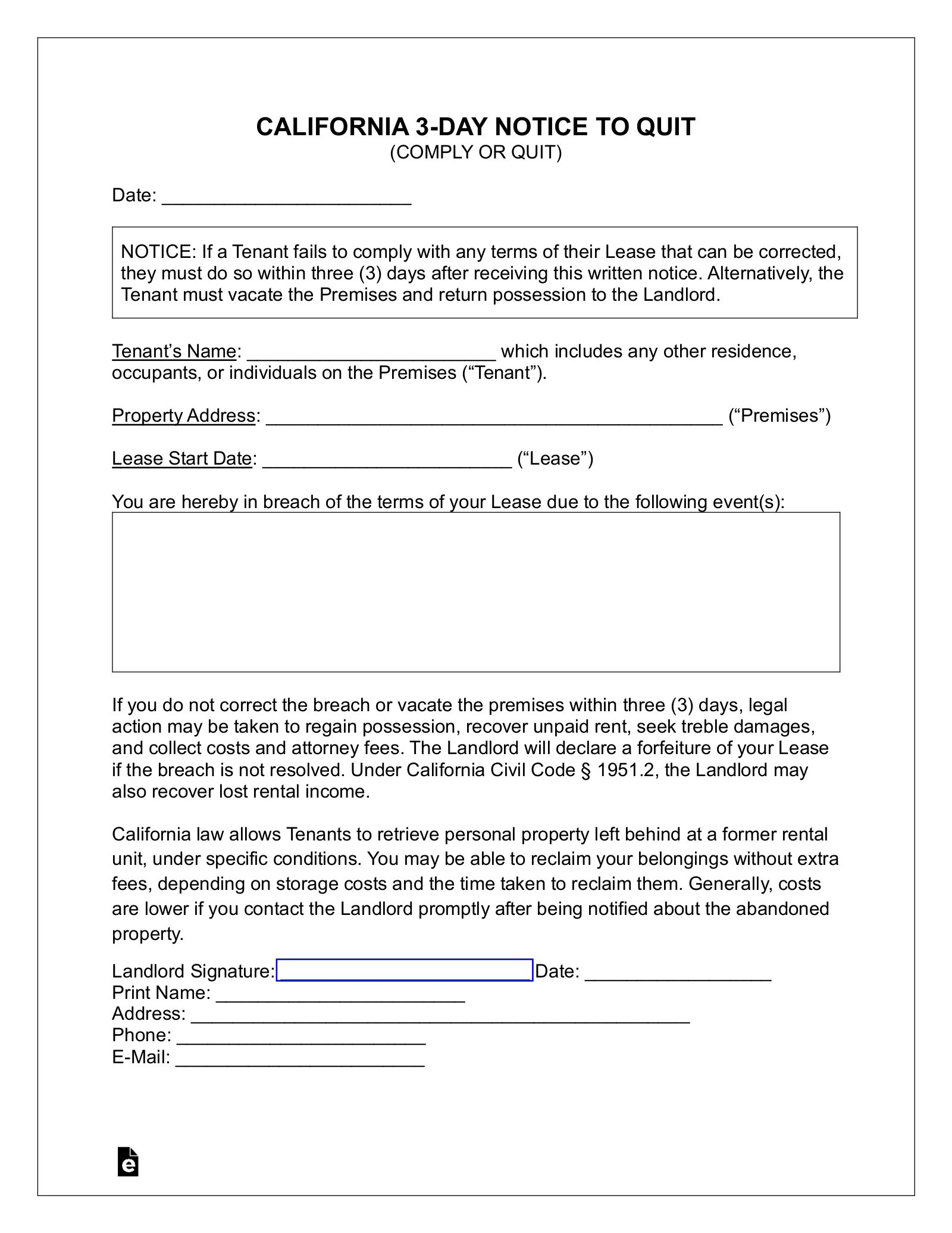 California Free Printable 3 Day Notice Form