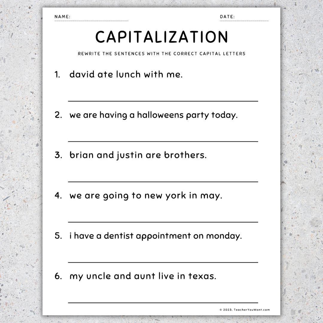 Capitalization Worksheets Fix The Sentences Grammar Practice 2nd Grade Made By Teachers