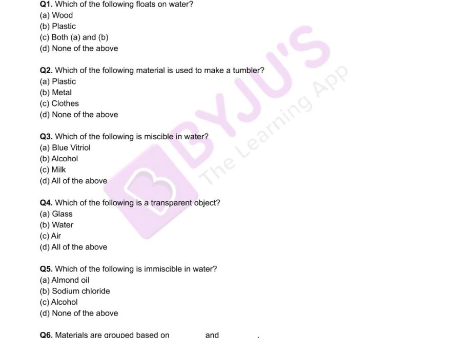 CBSE Class 6 Chemistry Chapter 4 Sorting Materials Into Groups Worksheet Set 3