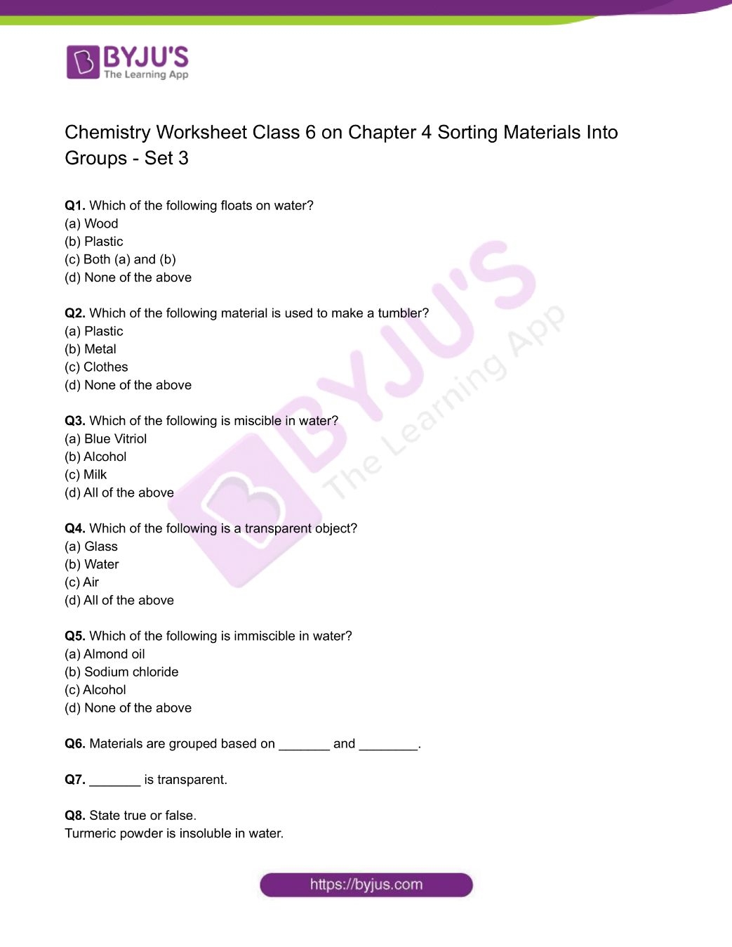 CBSE Class 6 Chemistry Chapter 4 Sorting Materials Into Groups Worksheet Set 3