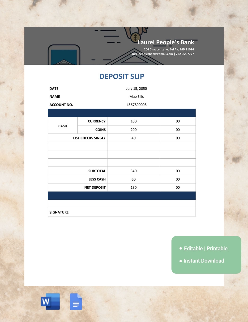 Chase Deposit Slip Template In Word Google Docs Download Template