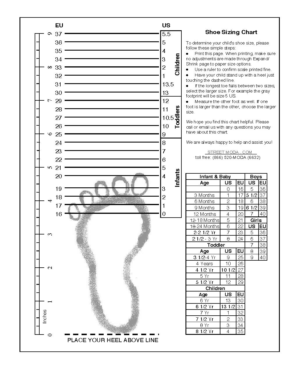 Childrens Printable Shoe Size Chart