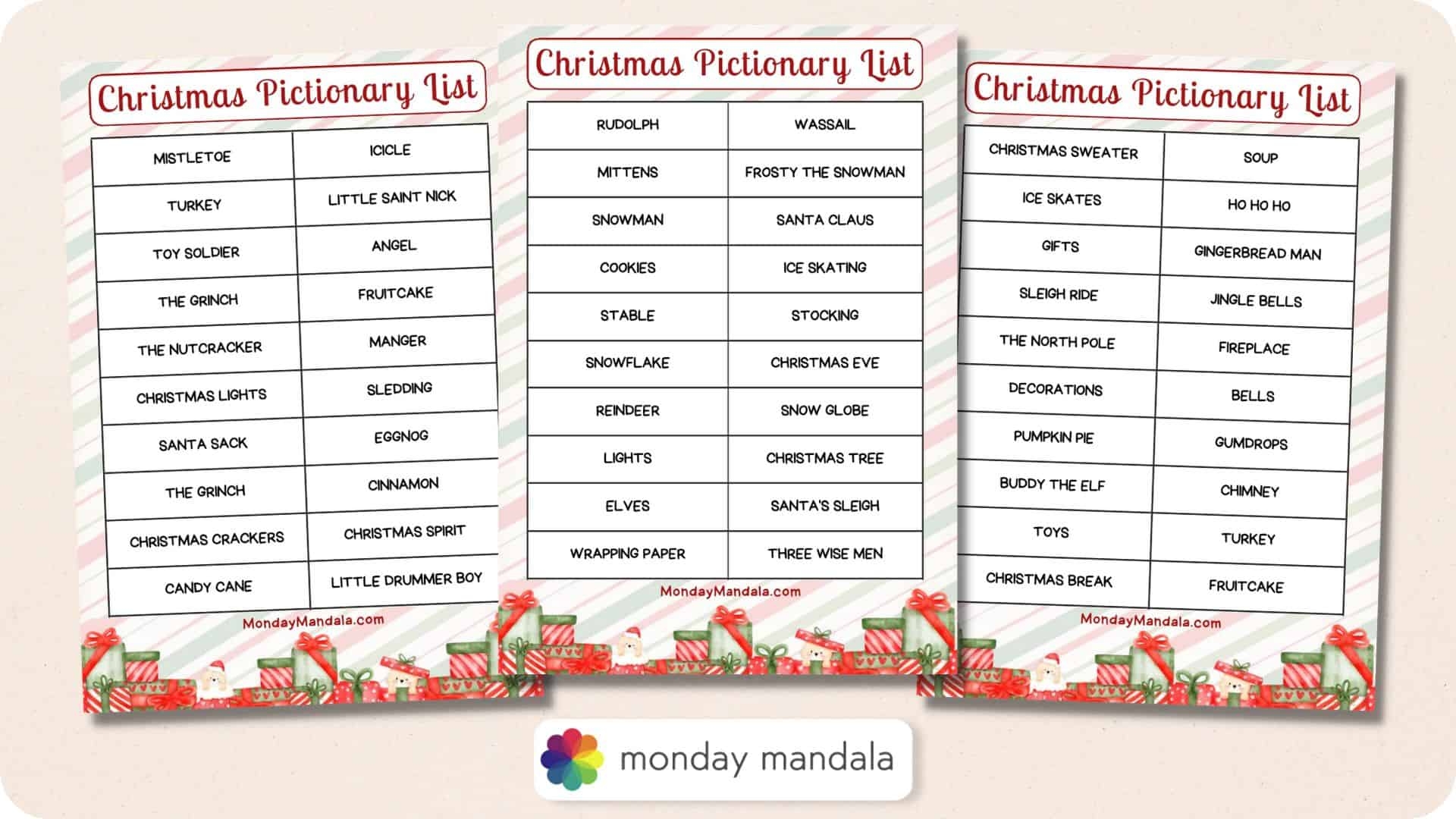 Christmas Pictionary Lists Free PDF Printables 
