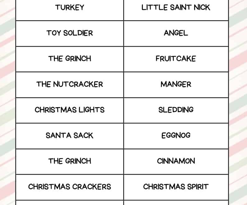 Christmas Pictionary Lists Free PDF Printables