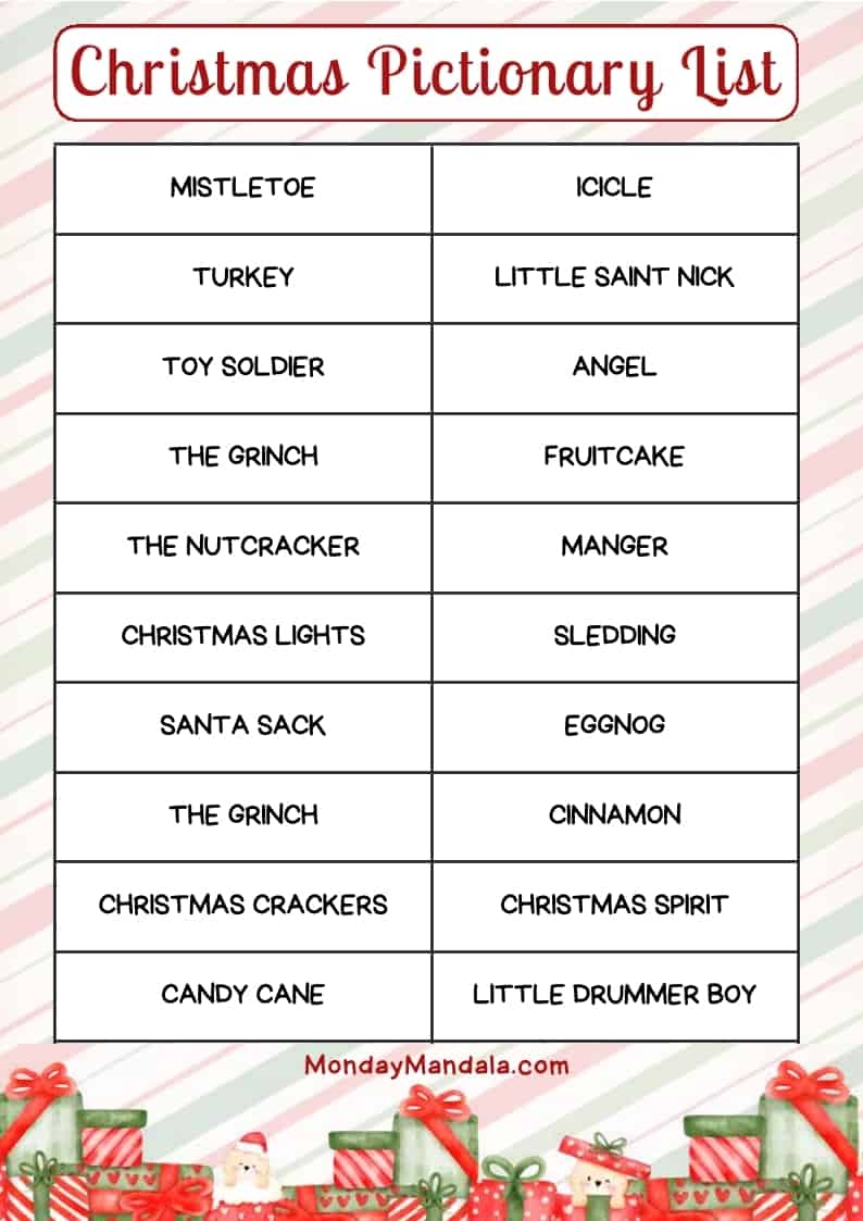 Christmas Pictionary Lists Free PDF Printables 