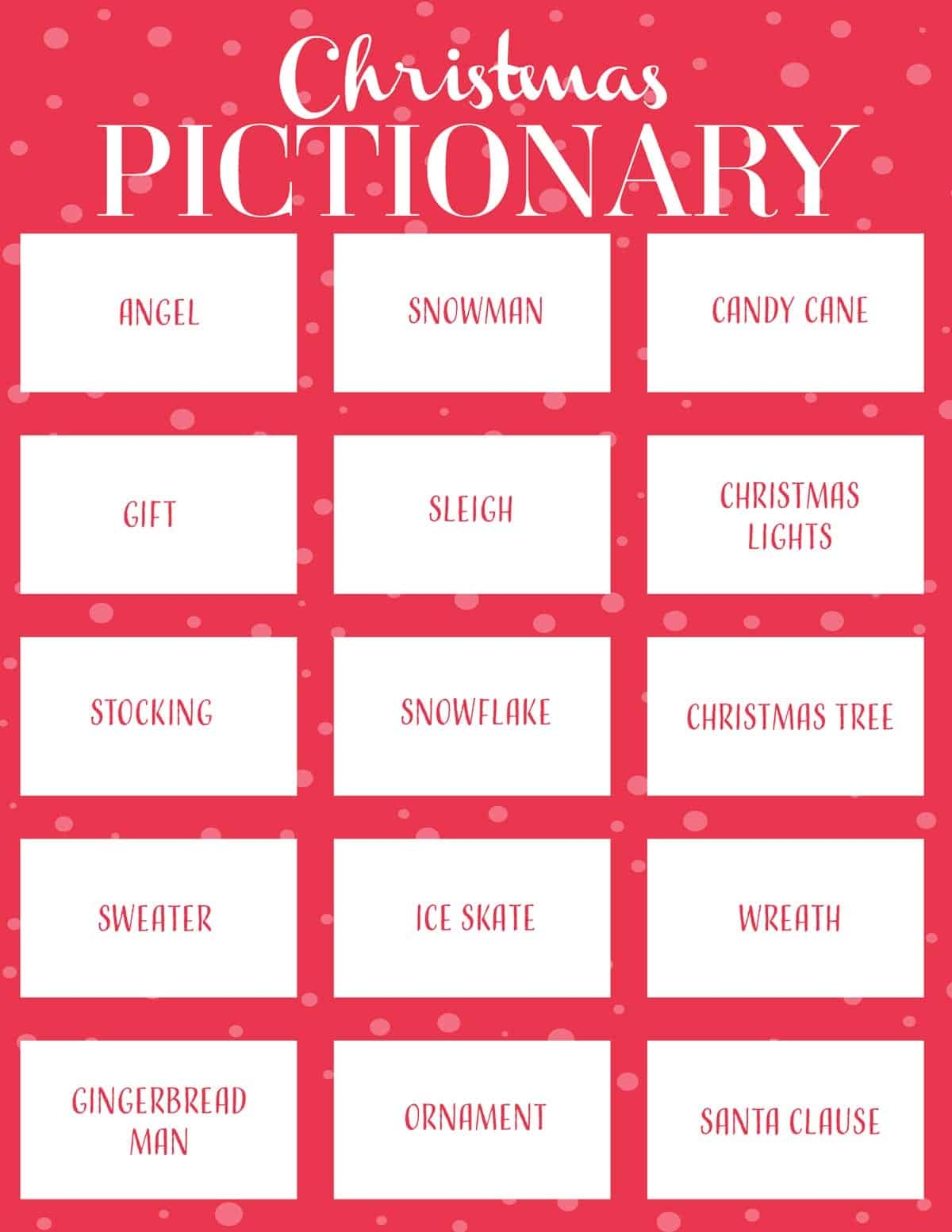 Free Printable Christmas Pictionary Words For Adults