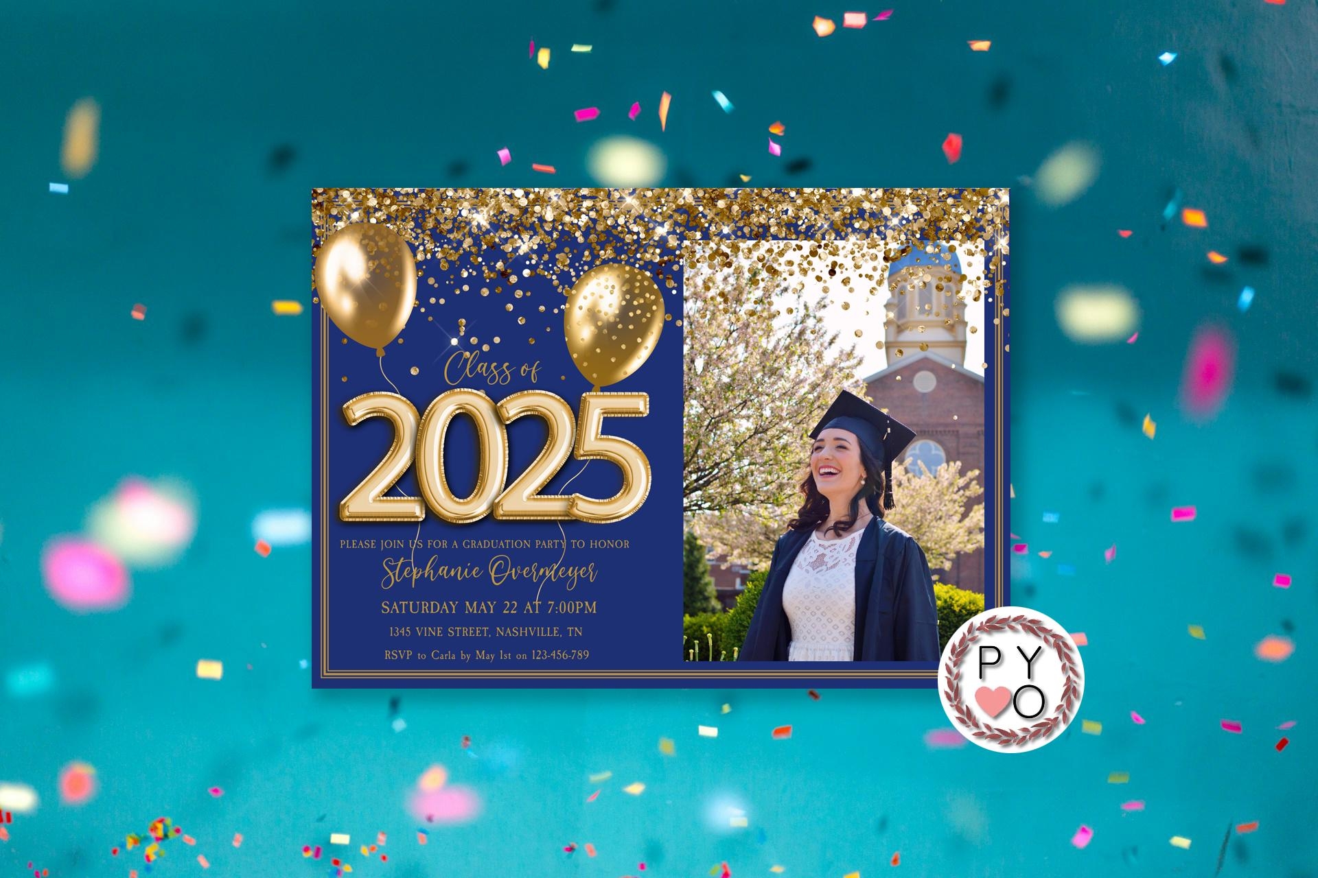 Class Of 2025 Blue Gold Photo Graduation Invitation Printable Template Glitter Editable Graduate Editable Invite High School College Grad
