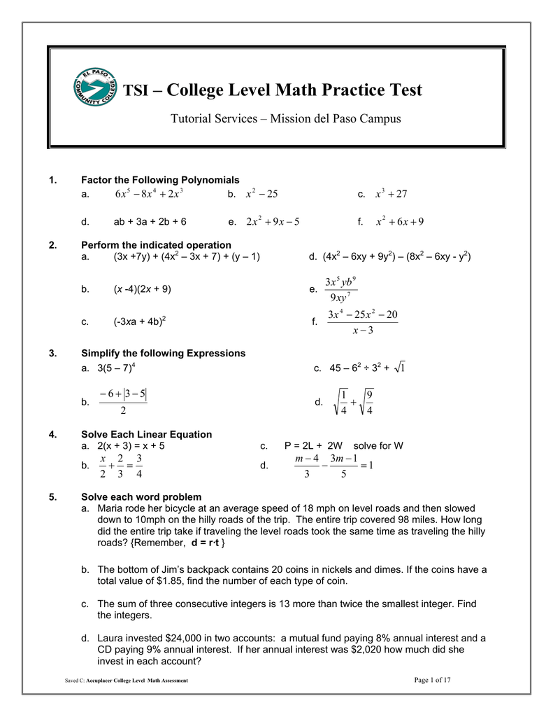 College Level Math Practice Test TSI 49 OFF Worksheets Library