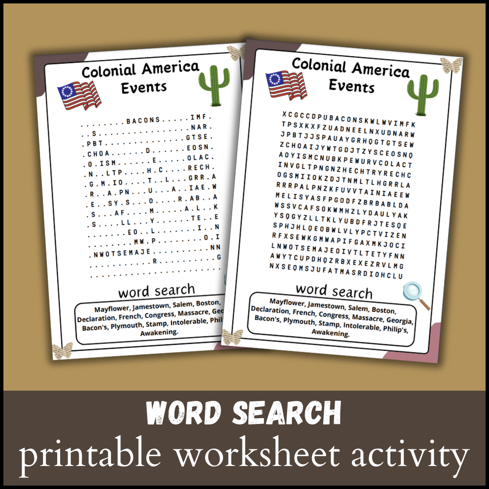 Colonial America Word Search Printable