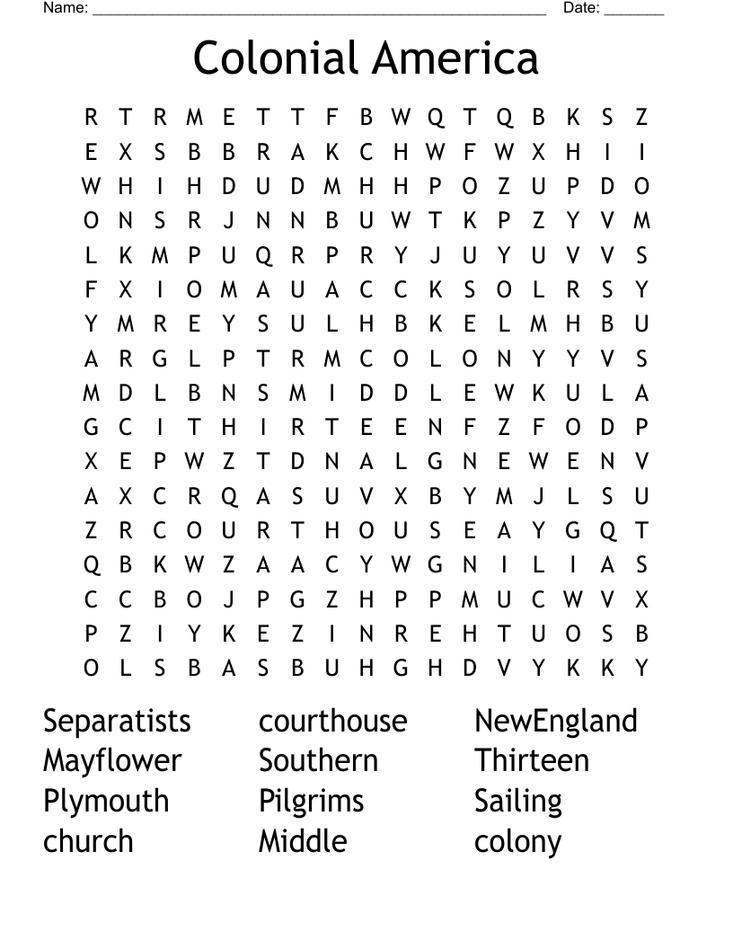 Colonial America Word Search WordMint