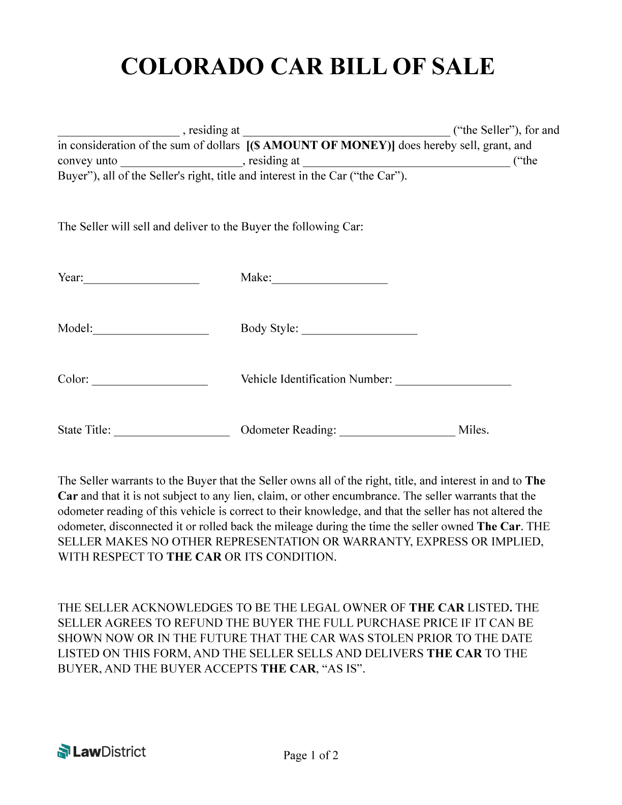 Colorado Bill Of Sale Forms PDF Word LawDistrict
