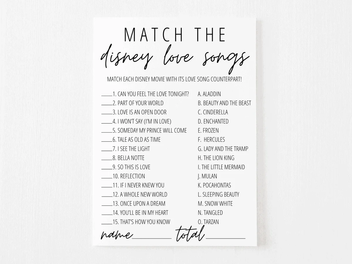Disney Love Songs Game Free Printable Modern MOH