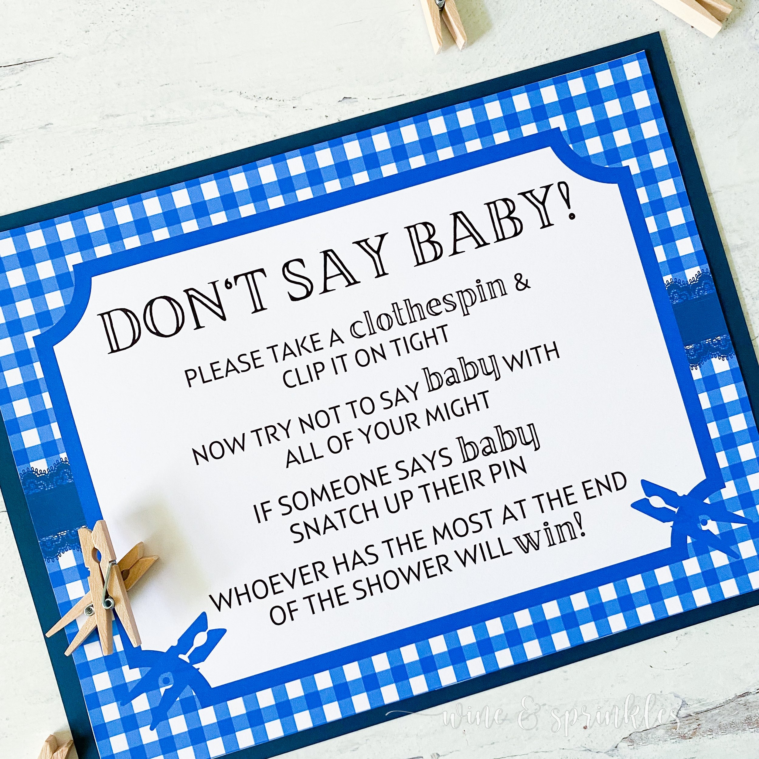 DIY Don t Say Baby Clothespin Baby Shower Game Wine Sprinkles