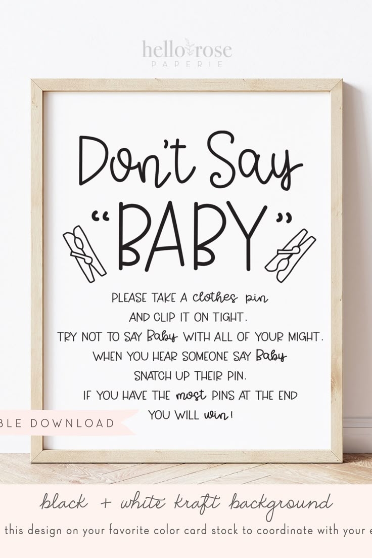 Don t Say Baby Clothespin Baby Shower Game Sign Boy Girl Neutral Kraft Minimalist Black And White Printable Instant Download K4 Etsy