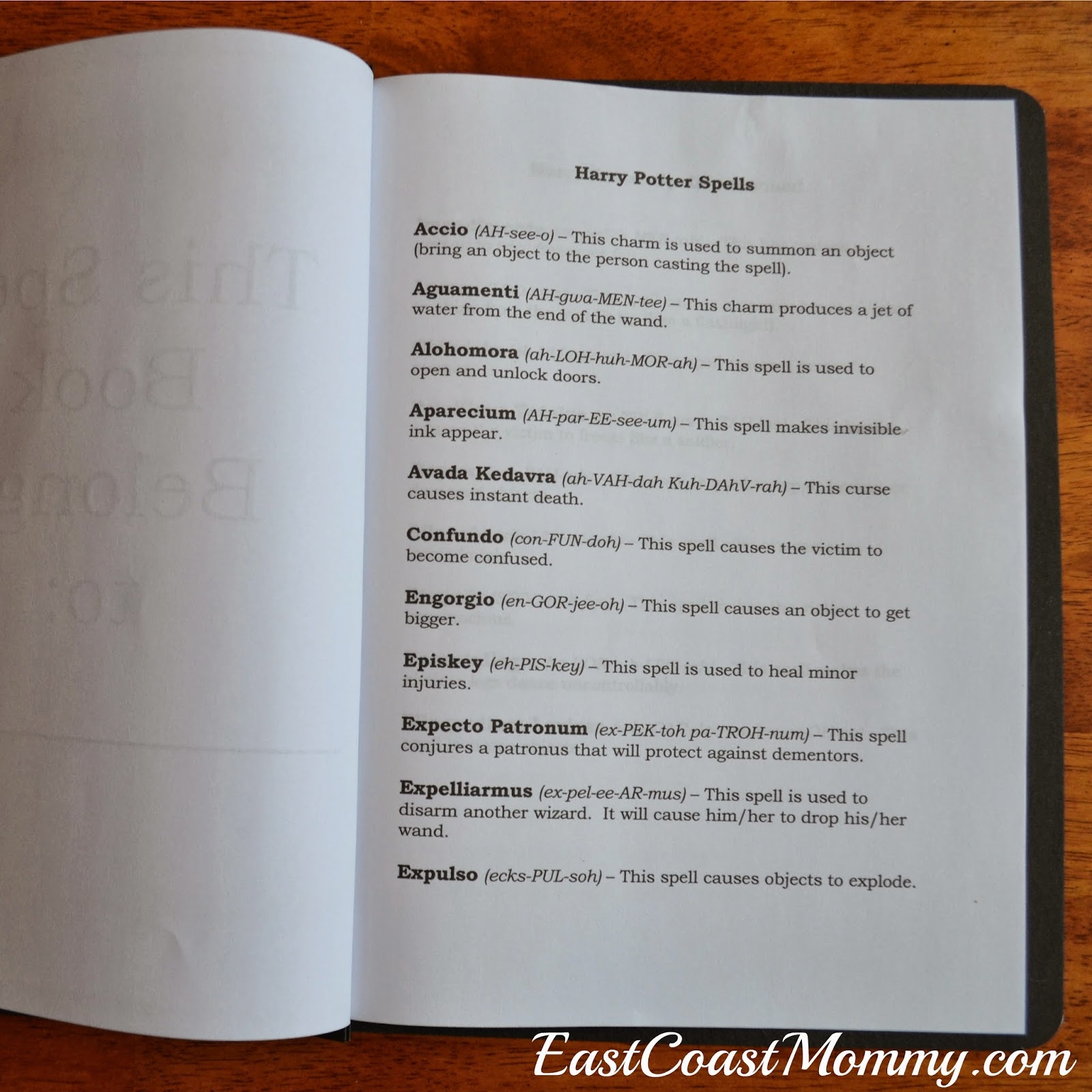 Harry Potter Spell List Printable
