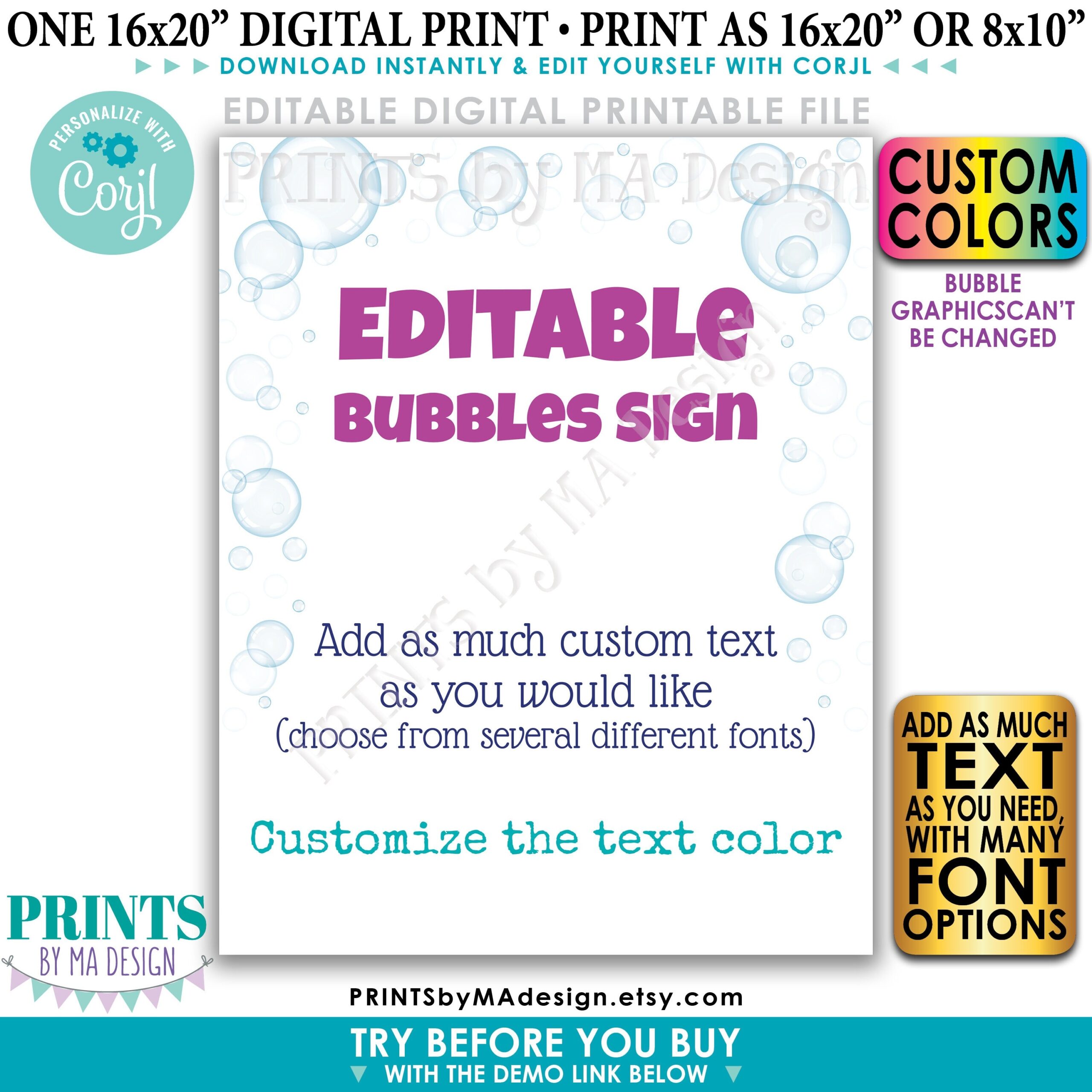 Editable Bubbles Sign Choose Your Text One Custom PRINTABLE 8x10 16x20 Portrait Bubble Sign