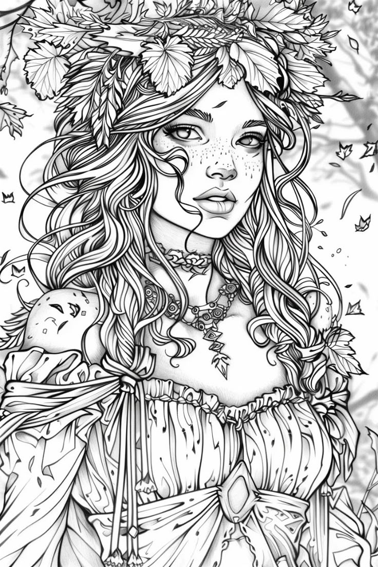 Fantasy Character In Fall Coloring Page Woman Leaves 