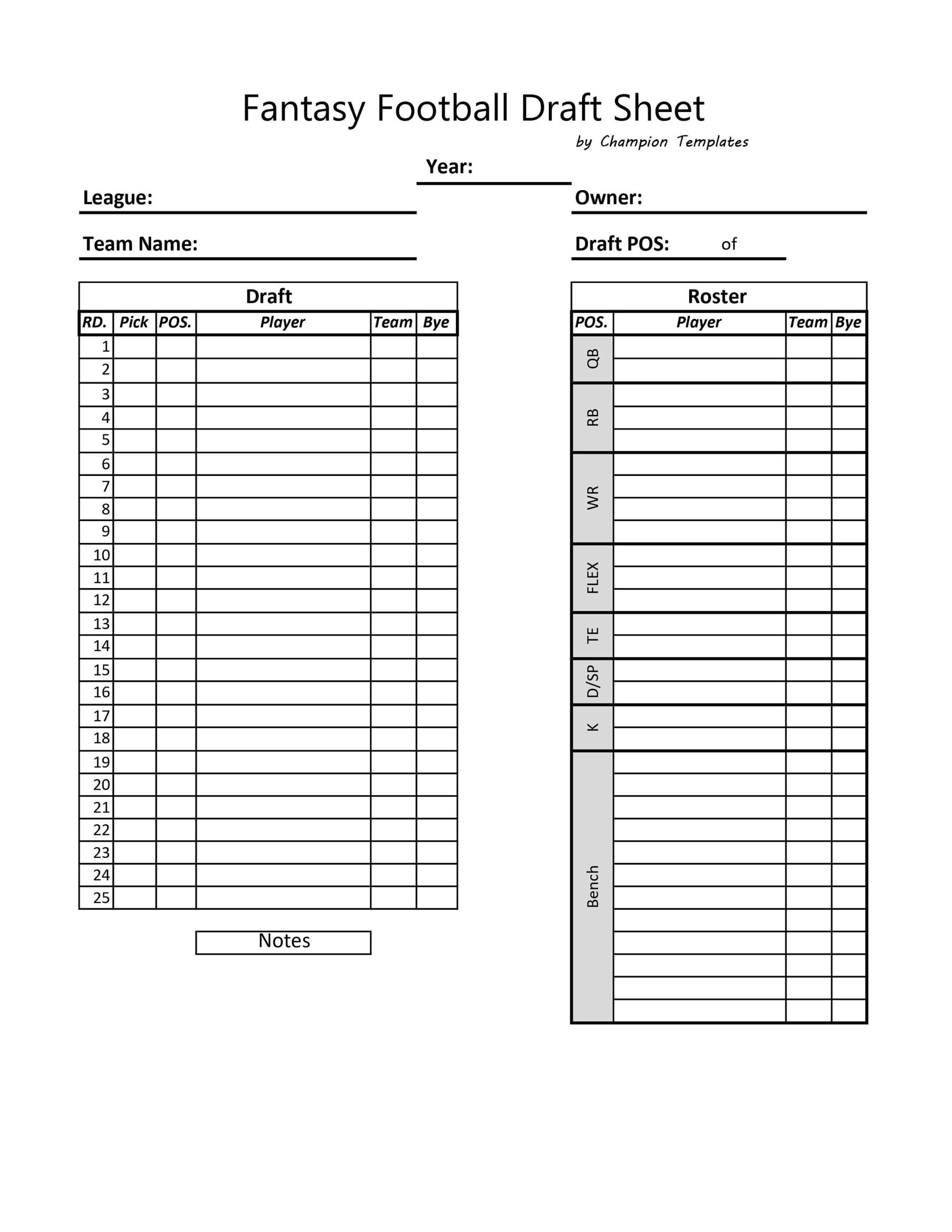 Printable Fantasy Football Draft Sheet