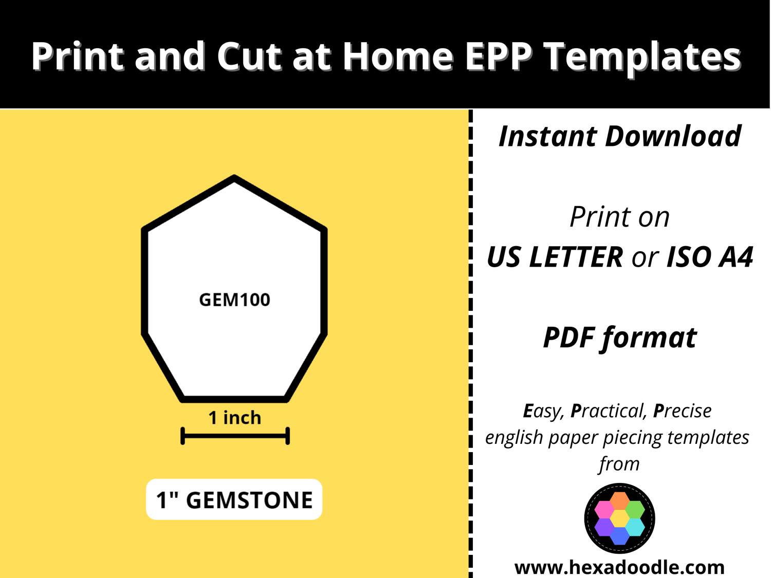 FHHEX100 FLAT HALF HEXAGON EPP Print And Cut At Home Templates 1 Inch Sides For Printing And Cutting Out At Home 35 Flat Half Hexagons Per Page 