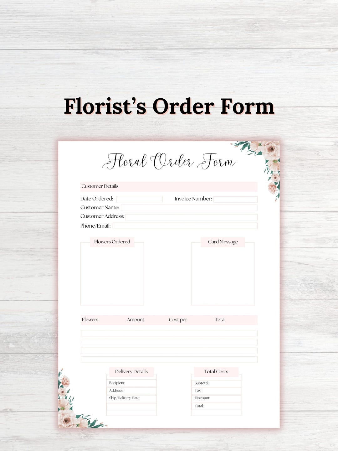Florist Order Form Florist Order Florist Wedding Intake Form Floral Orders Flower Order Form PDF Order Form Flowers Etsy