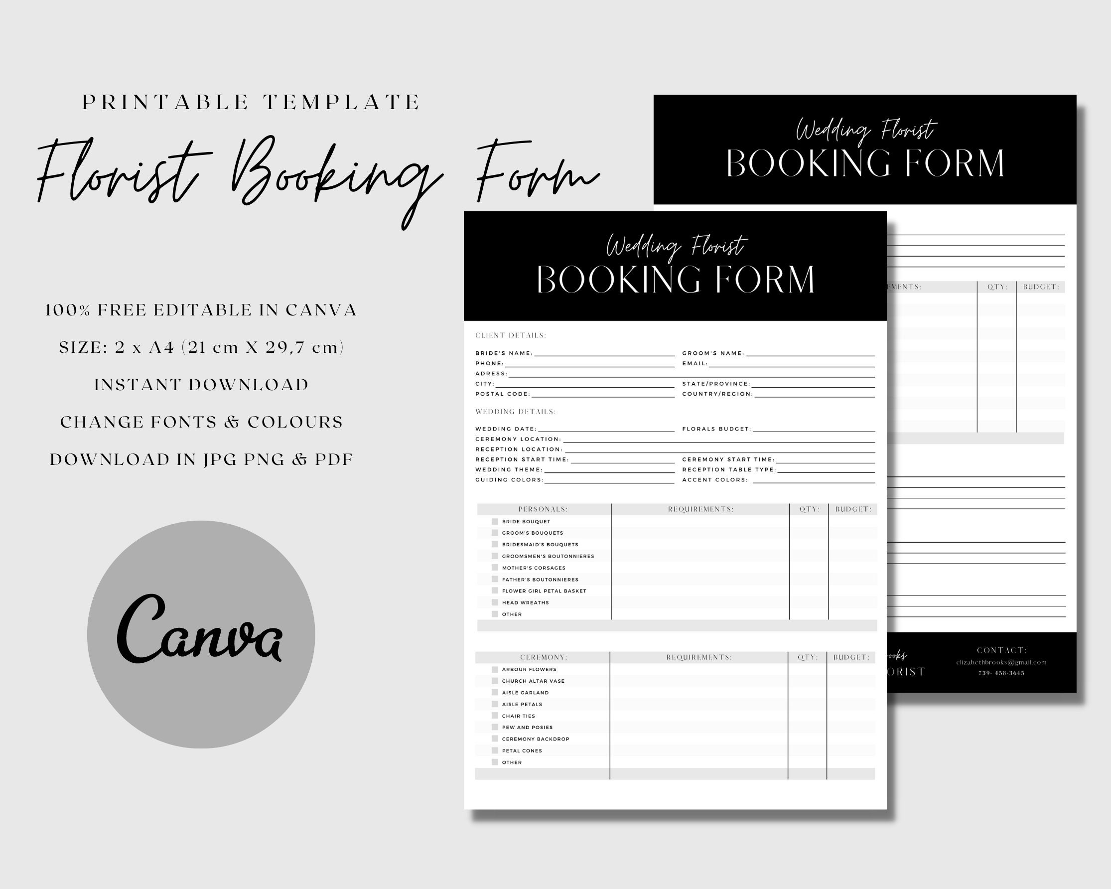 Florist Wedding Booking Form Wedding Order Forms Florist Consultation Form Canva Order Forms For Florist Monochrome Inquiry Form Etsy