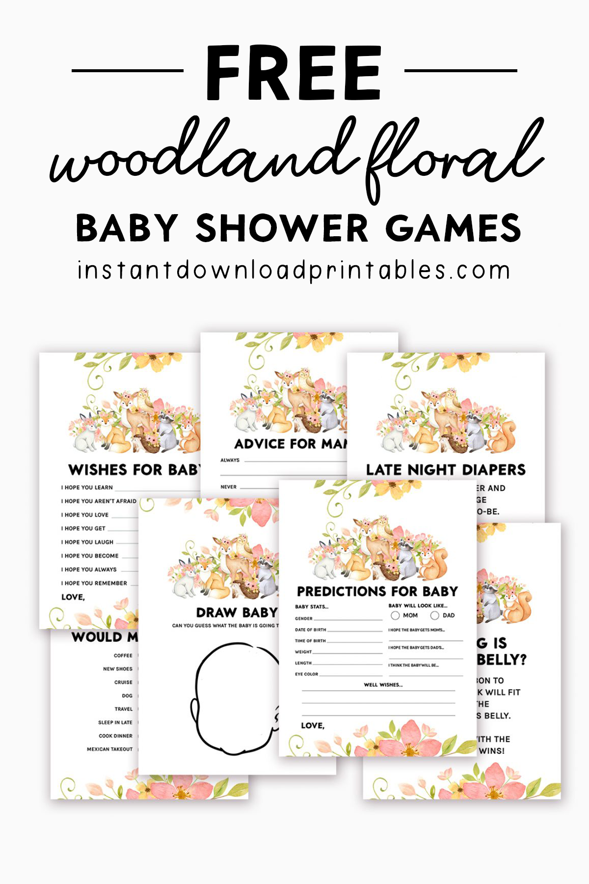 Free Baby Shower Games And Keepsakes Printables Woodland Flowers Watercolor Flowers Boy Instant Download Printables
