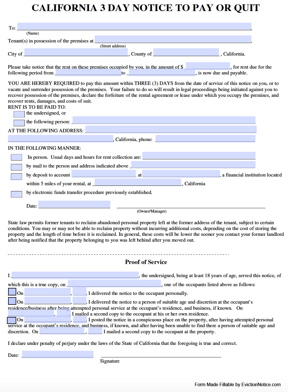 Free California 3 Day Notice To Pay Or Quit PDF