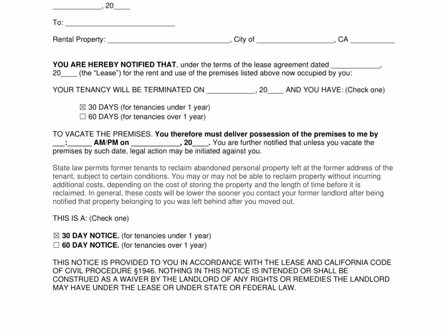 Free California 30 Day Notice To Vacate Lease Termination Letter PDF Word