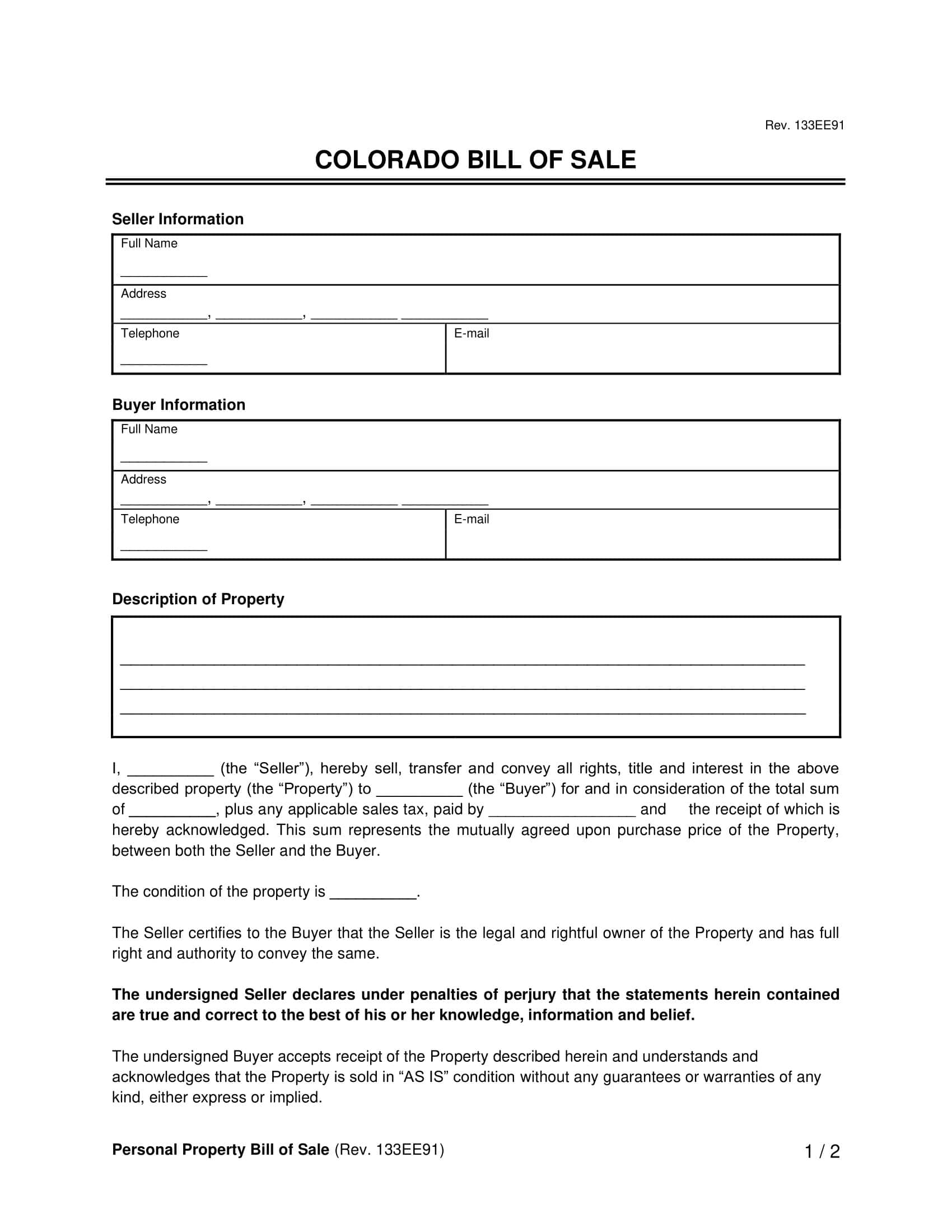 Free Colorado Bill Of Sale Forms PDF Word