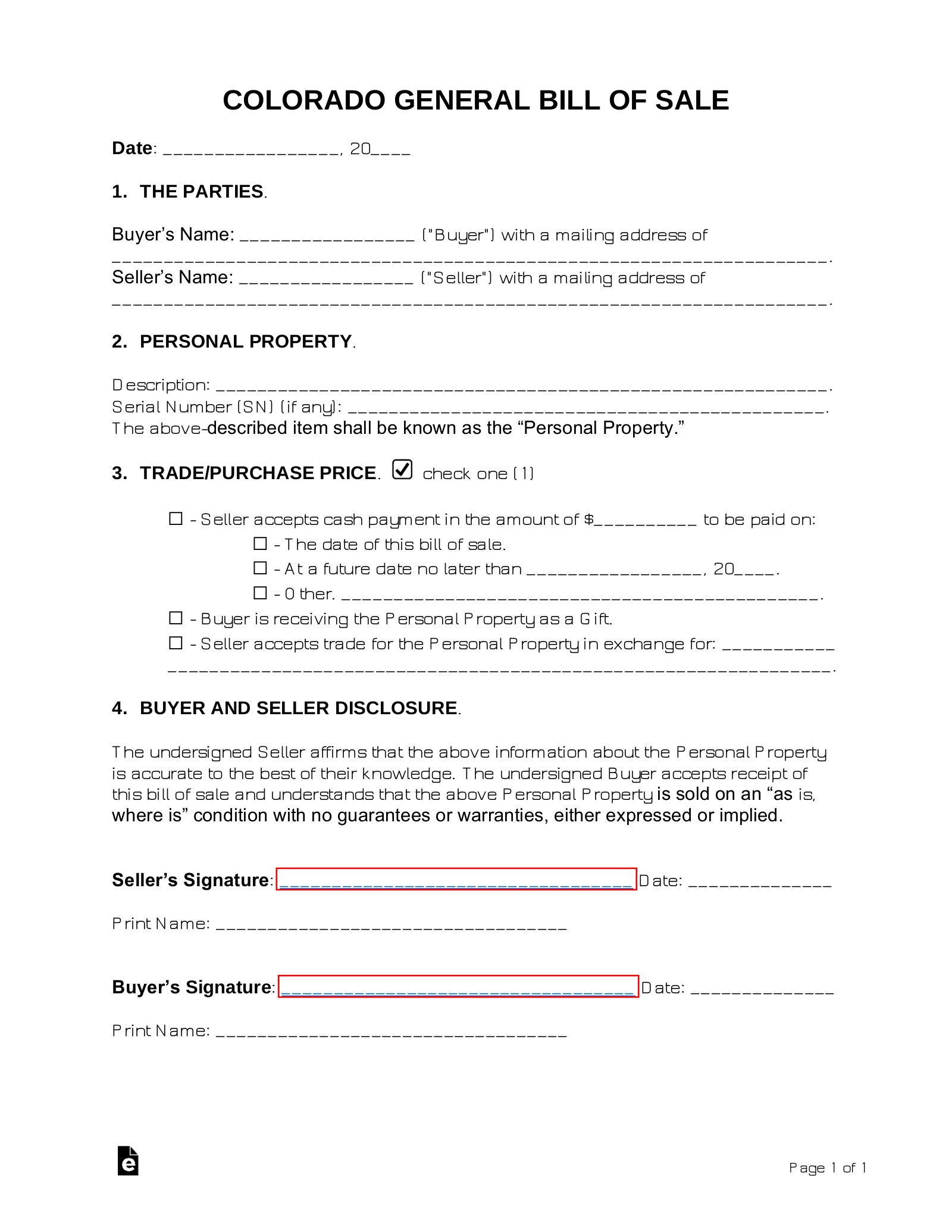 Free Colorado General Bill Of Sale Form PDF Word EForms