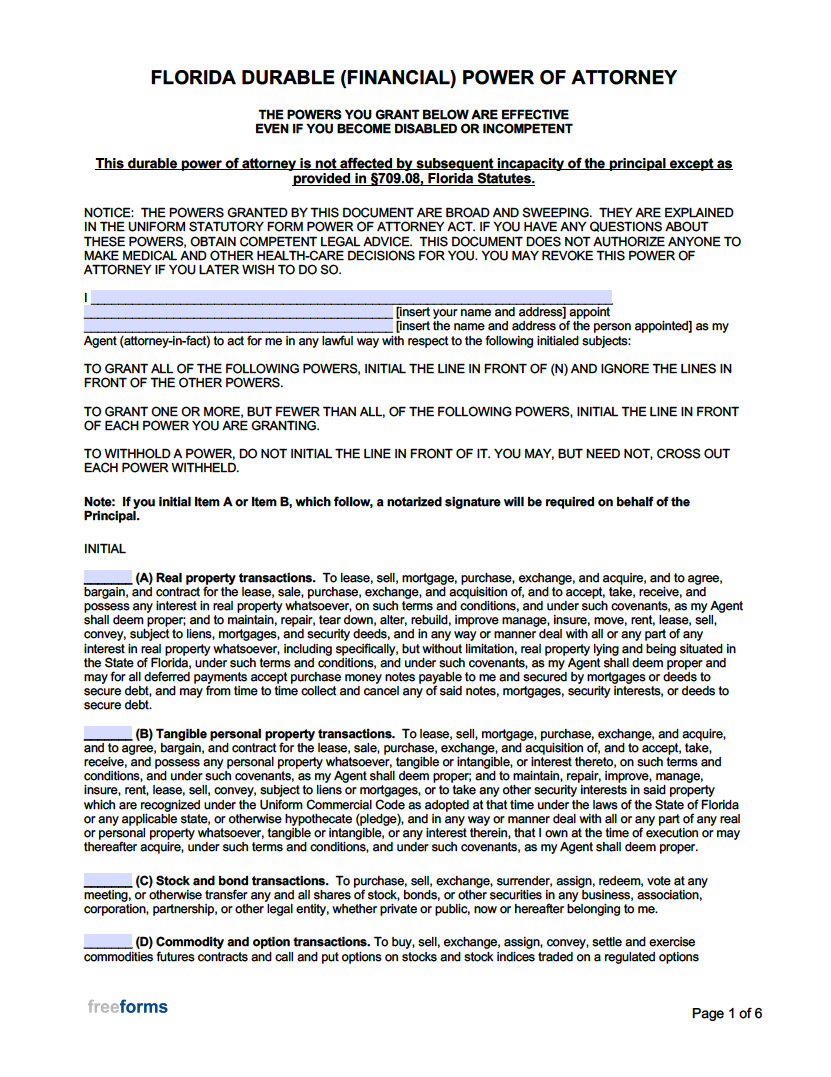 Free Florida Power Of Attorney Forms PDF Word