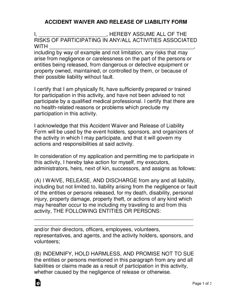 Printable Release Of Liability Form