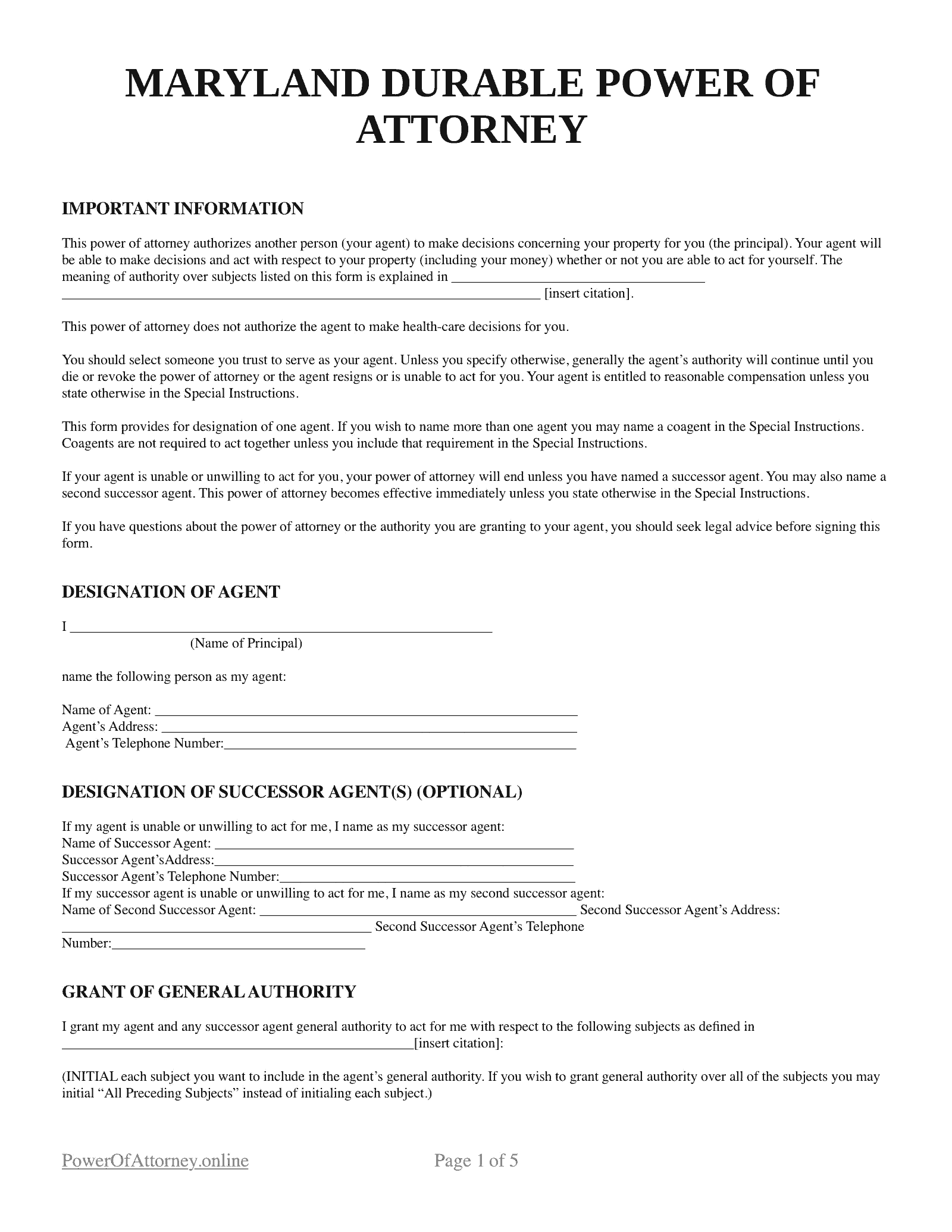 Free Maryland MD Power Of Attorney Forms Templates PDF