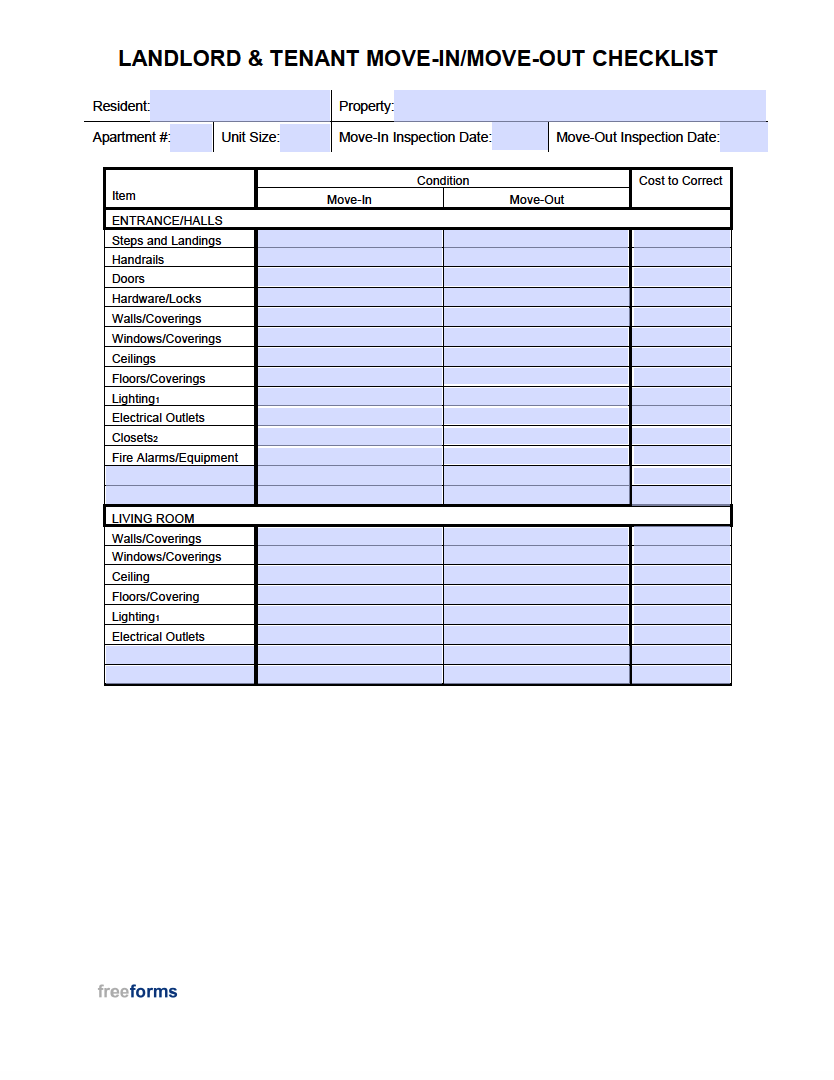 Free Move In Move Out Checklist For Landlord Tenant PDF Word
