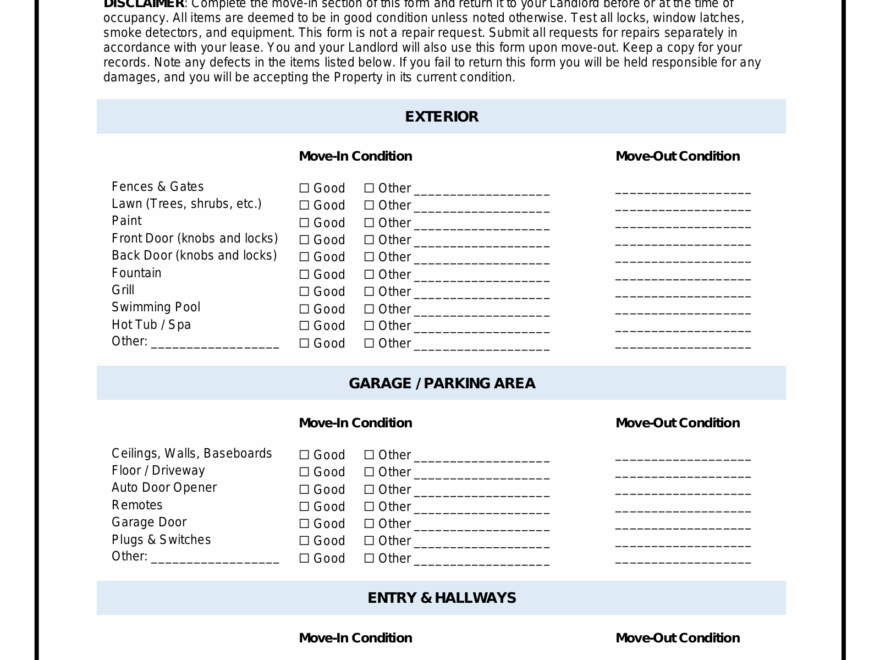 Free Move In Move Out Checklist Form Tenant PDF Word EForms