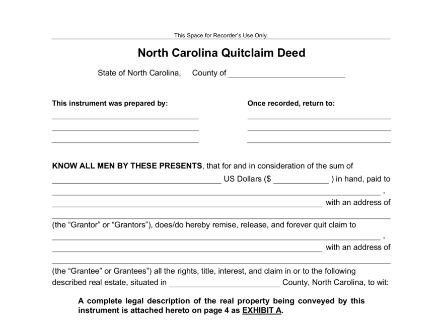 Free North Carolina Quit Claim Deed Form PDF Word EForms