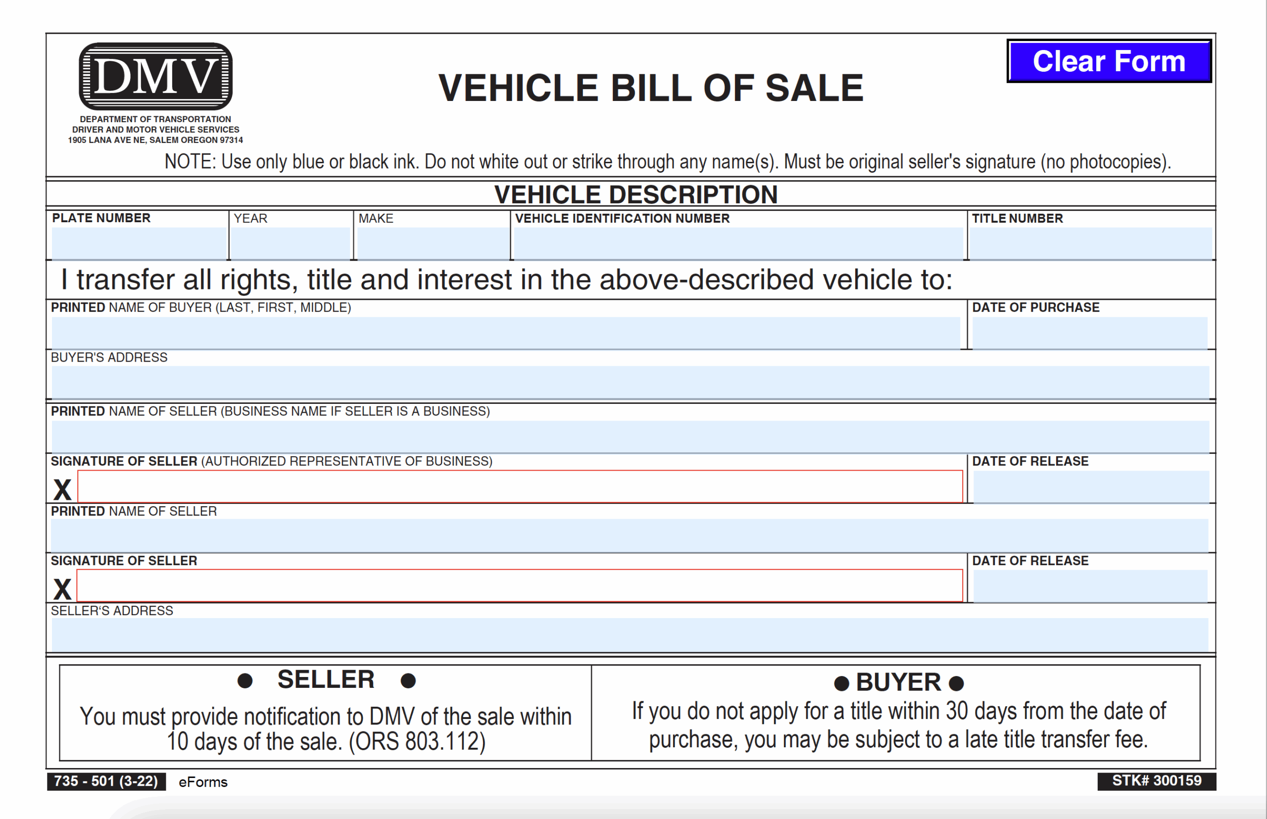 Free Oregon Motor Vehicle Bill Of Sale Form 735 501 PDF EForms