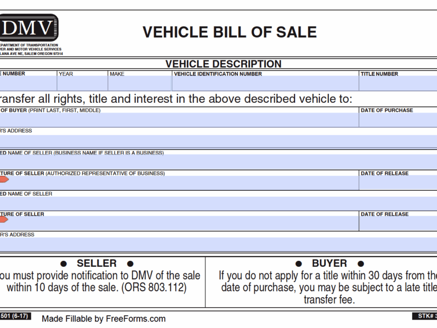 Free Oregon Motor Vehicle DMV Bill Of Sale Form PDF