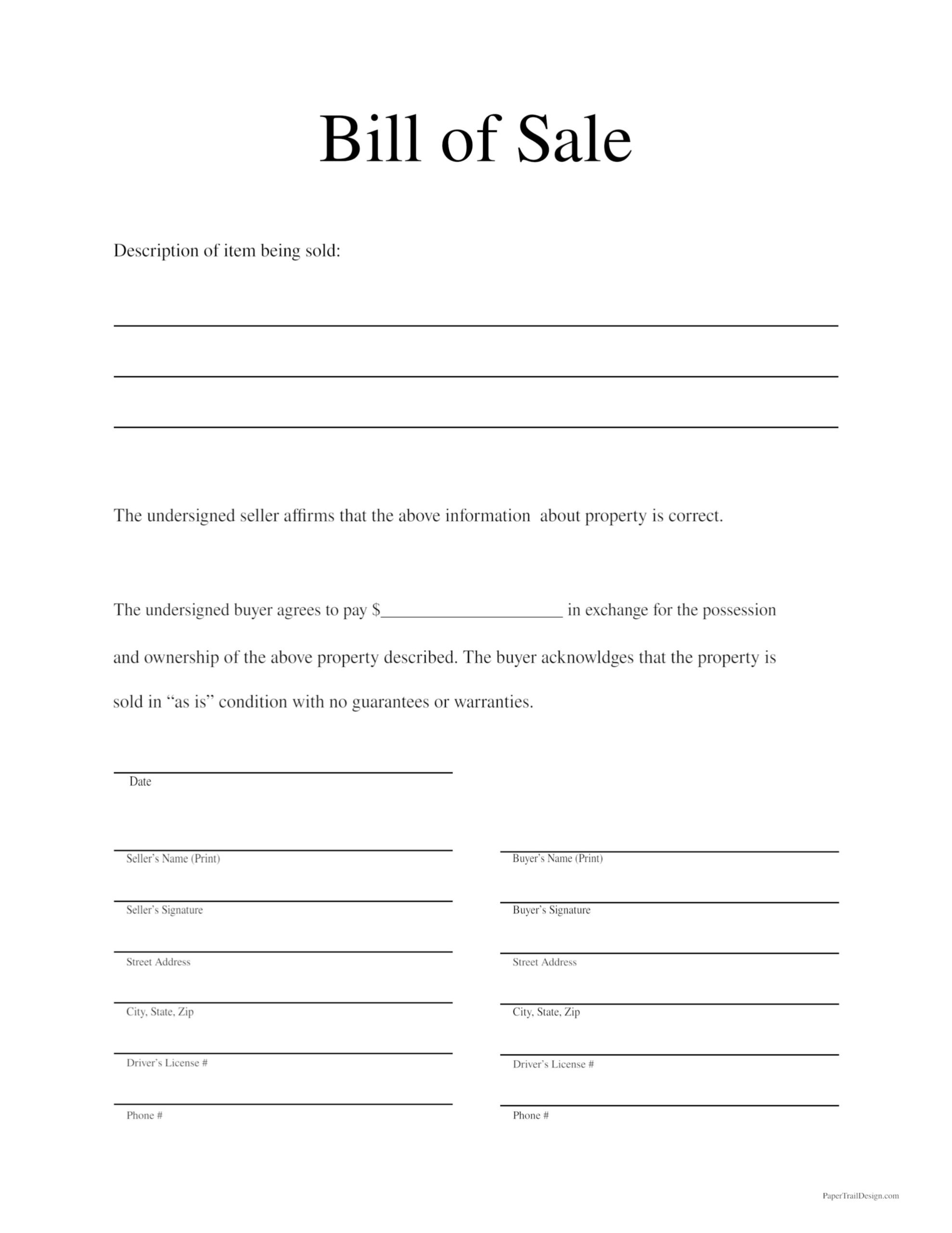 Bill Of Sale Form Printable