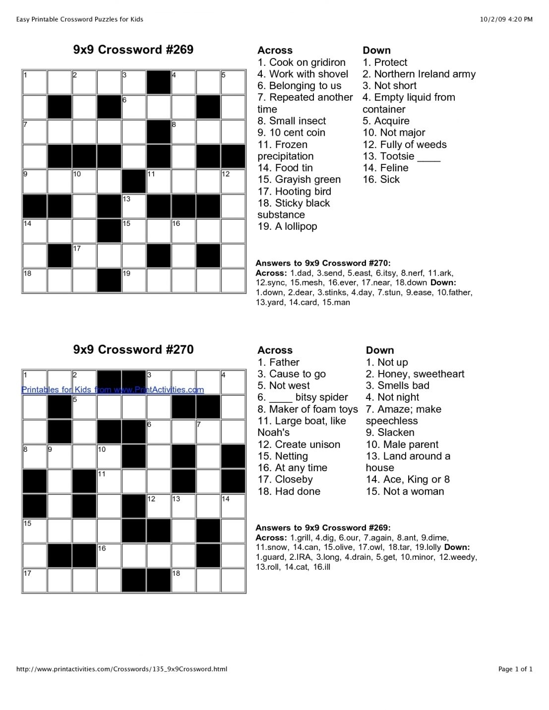Free Daily Printable Crosswod Puzzles