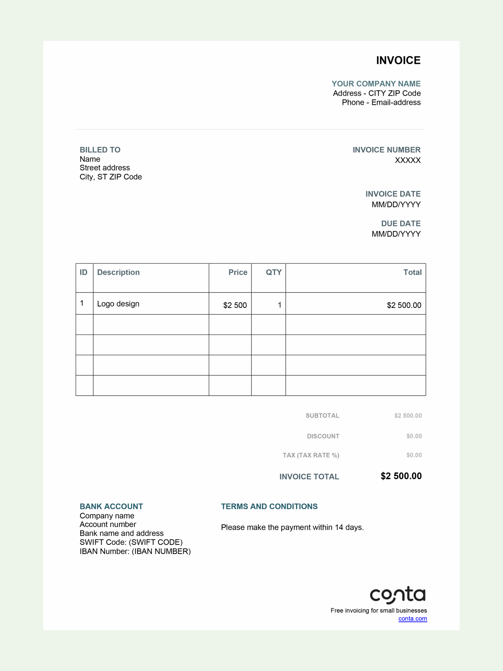 Free Printable Invoice Template Excel Word PDF Conta