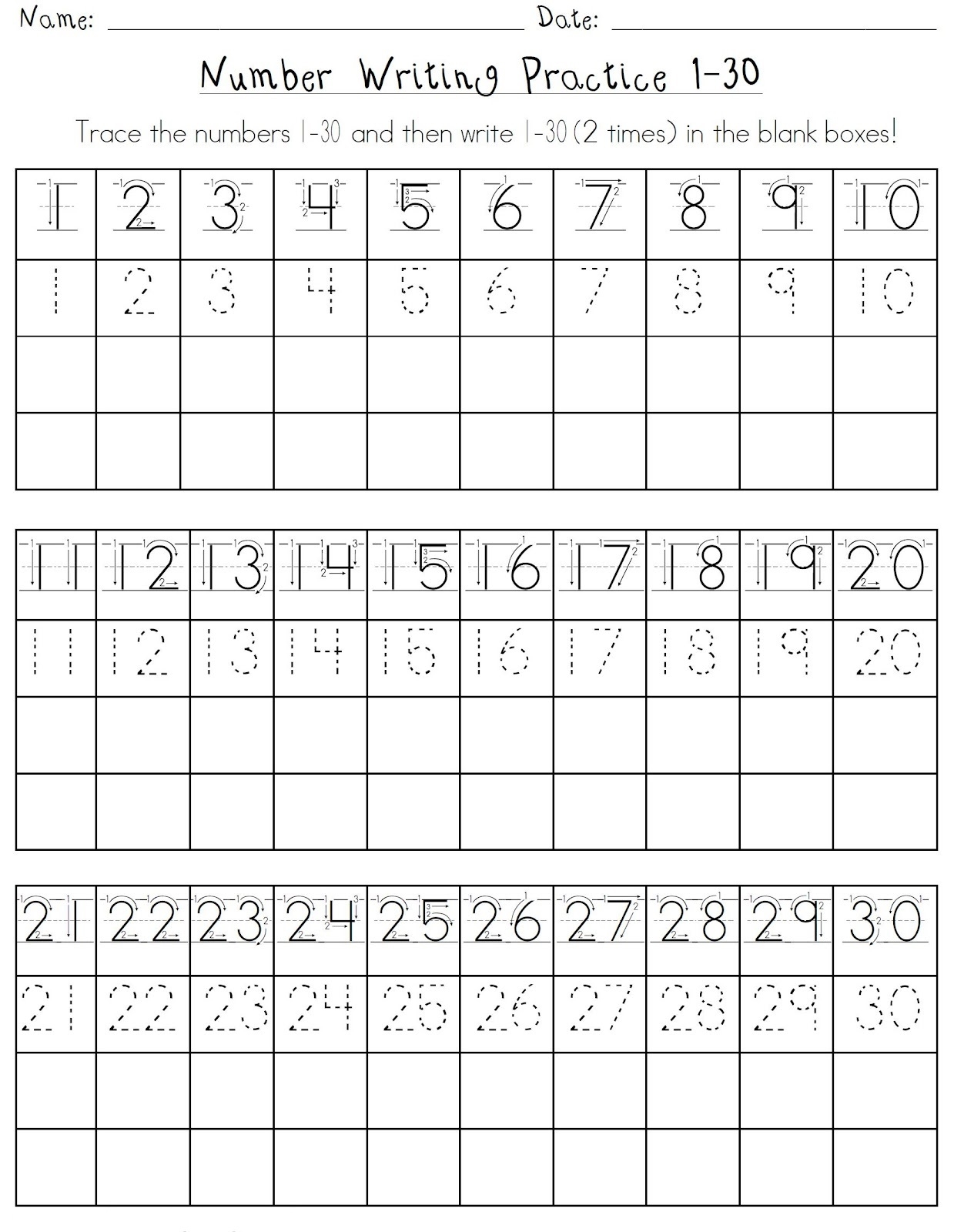 FREE Printable Kindergarten Number Practice Worksheets 1 30 Worksheets Library