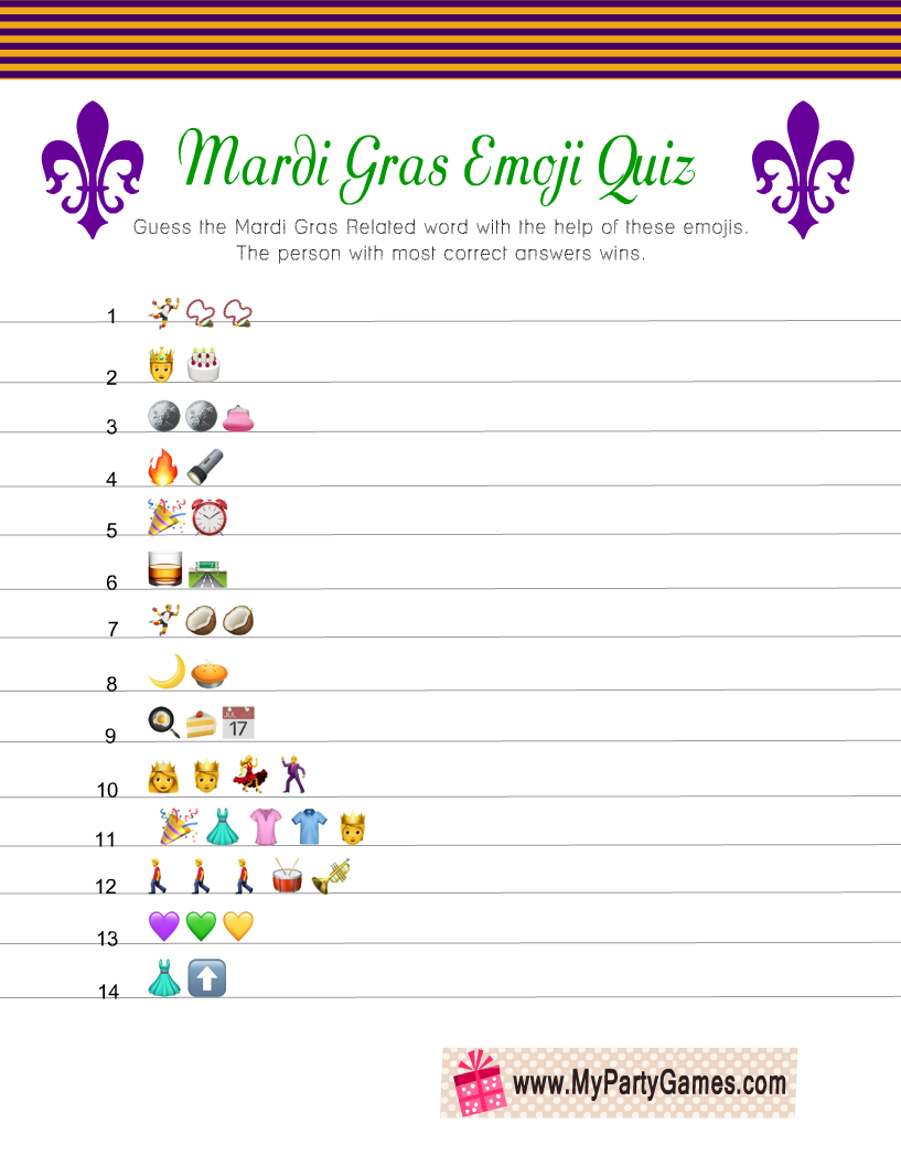 Free Printable Mardi Gras Emoji Quiz With Answer Key