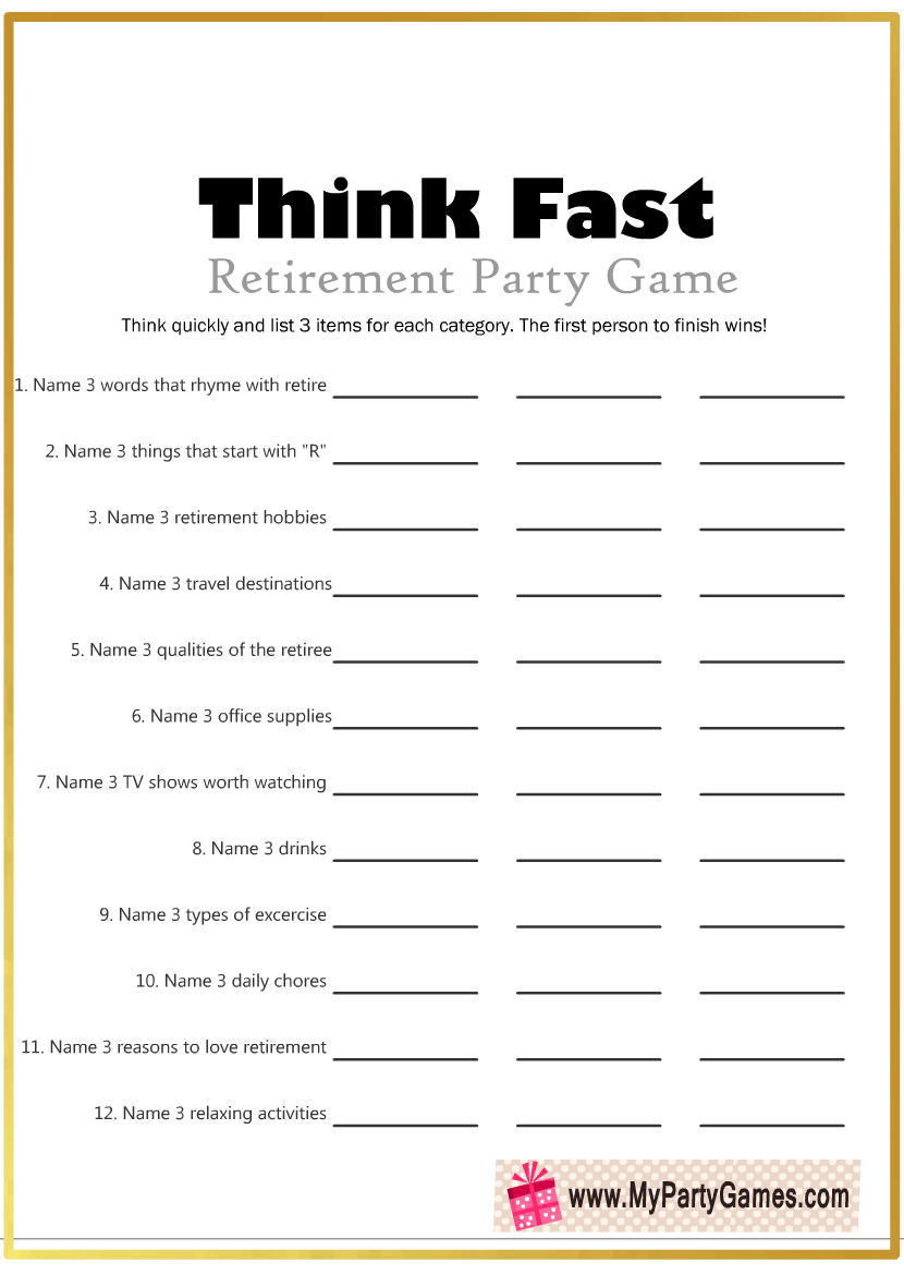 Free Printable Think Fast Game For Retirement Party