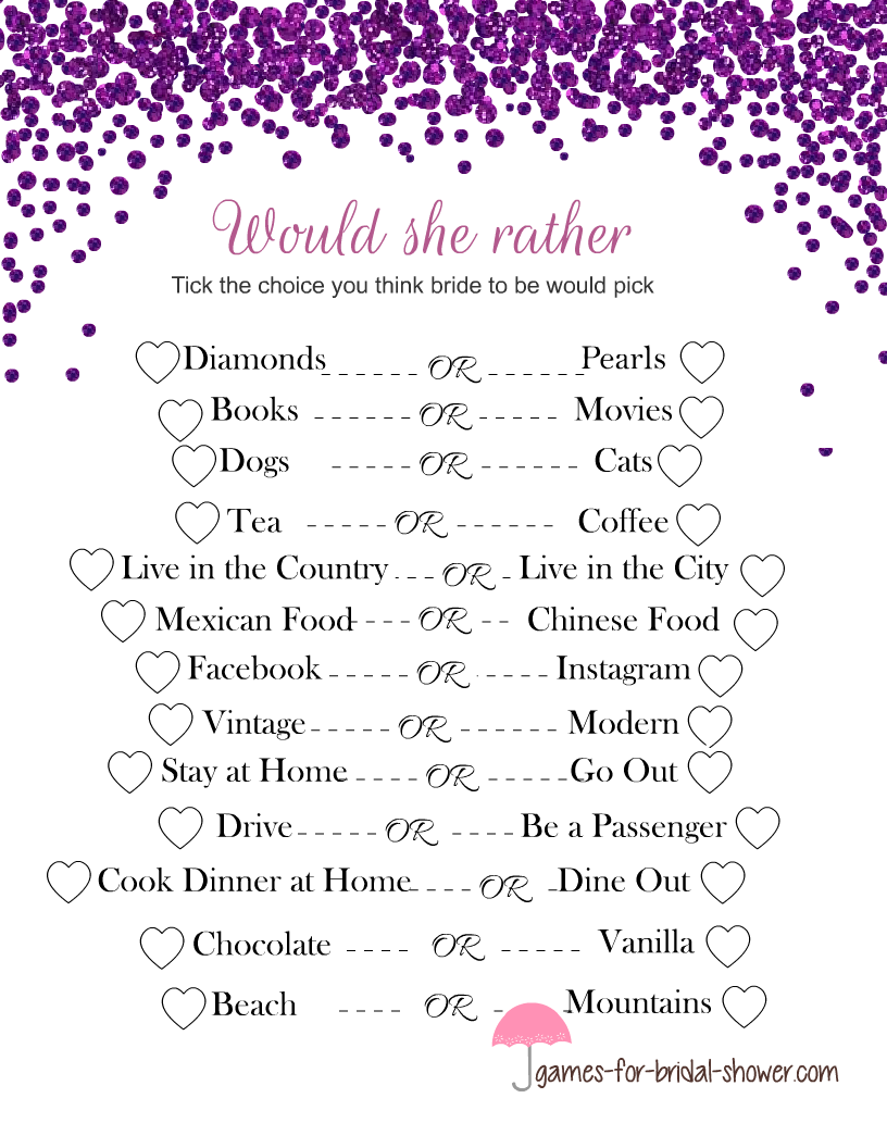Free Printable Would She Rather Bridal Shower Game