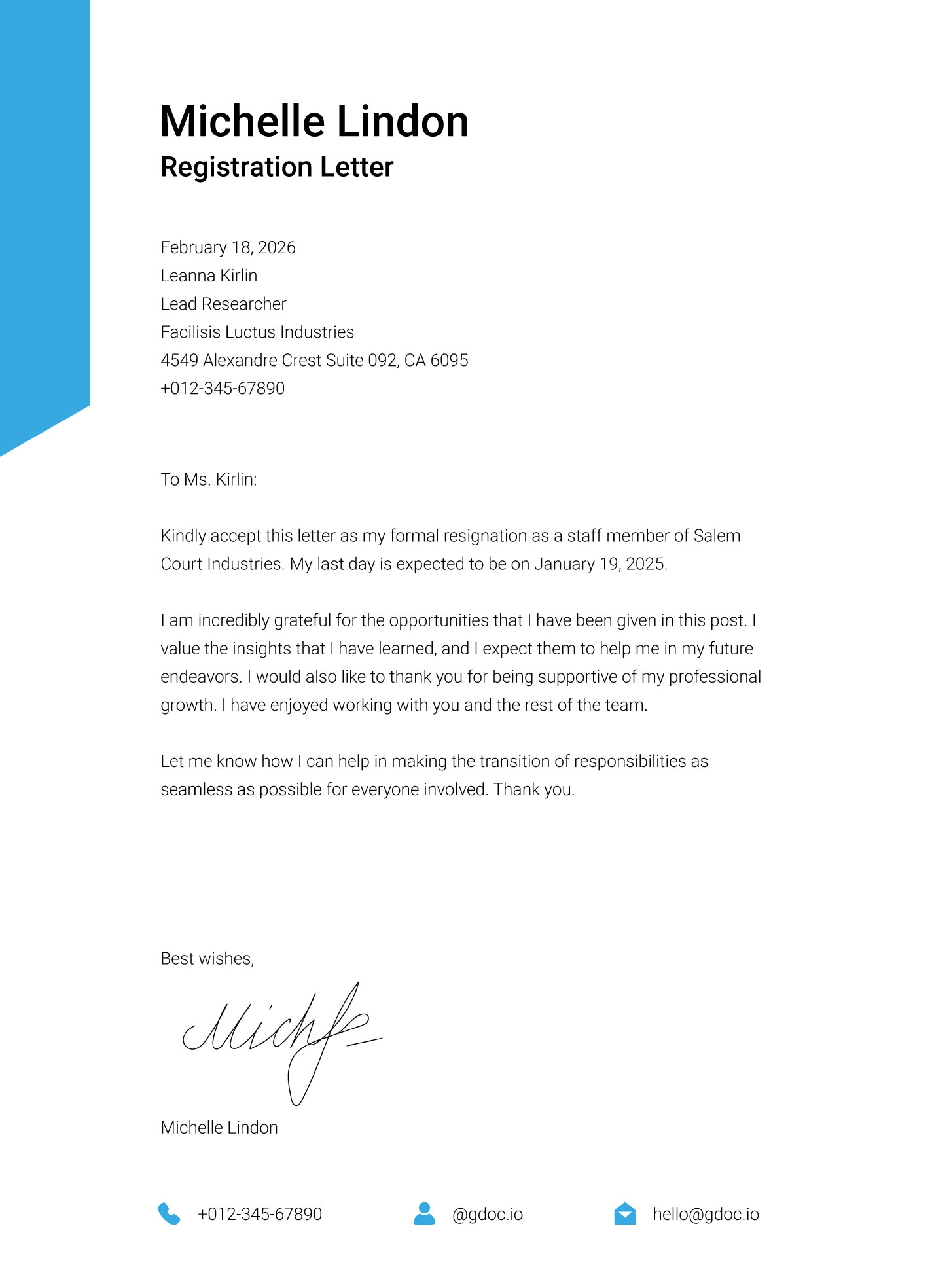 Free Printable Letter Of Resignation