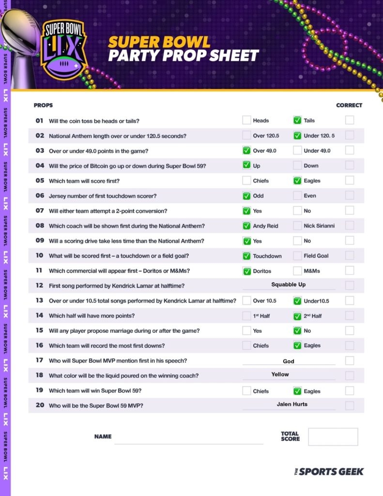 Free Super Bowl Prop Bet Sheet For 2025 Printable 