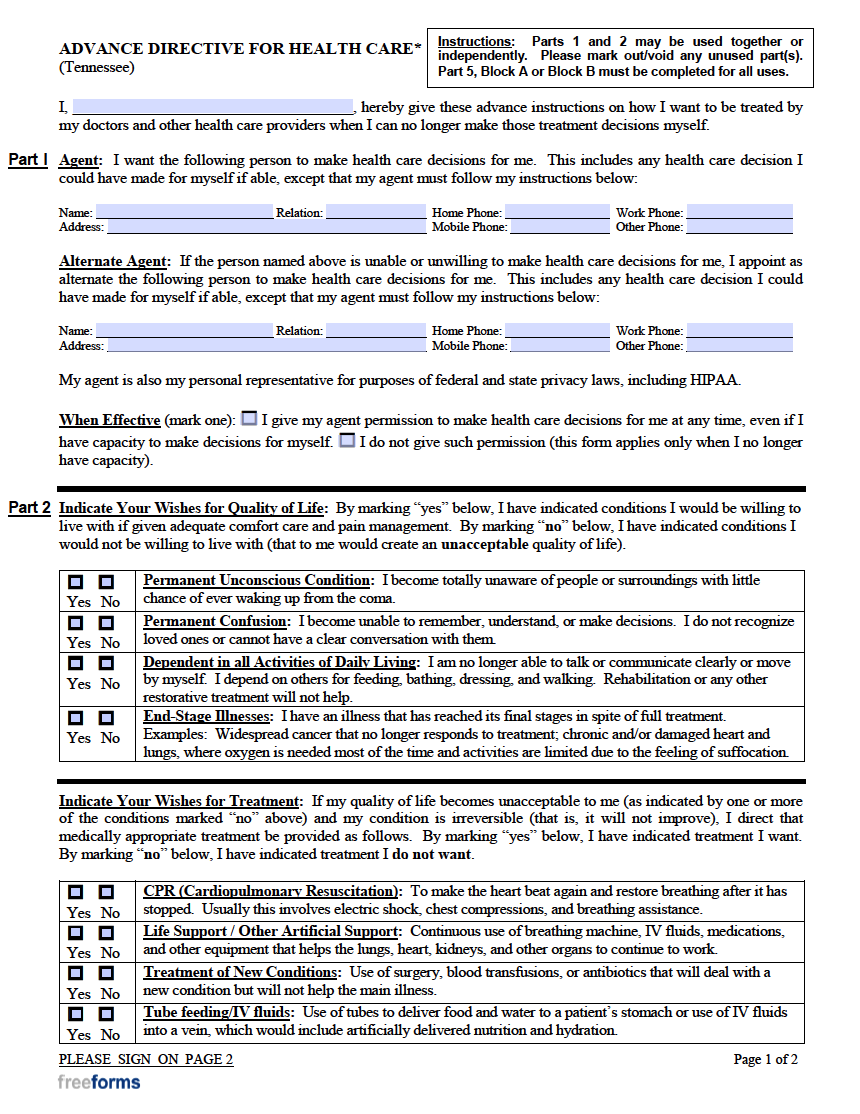 Free Tennessee Advance Directive Form Medical POA Living Will PDF