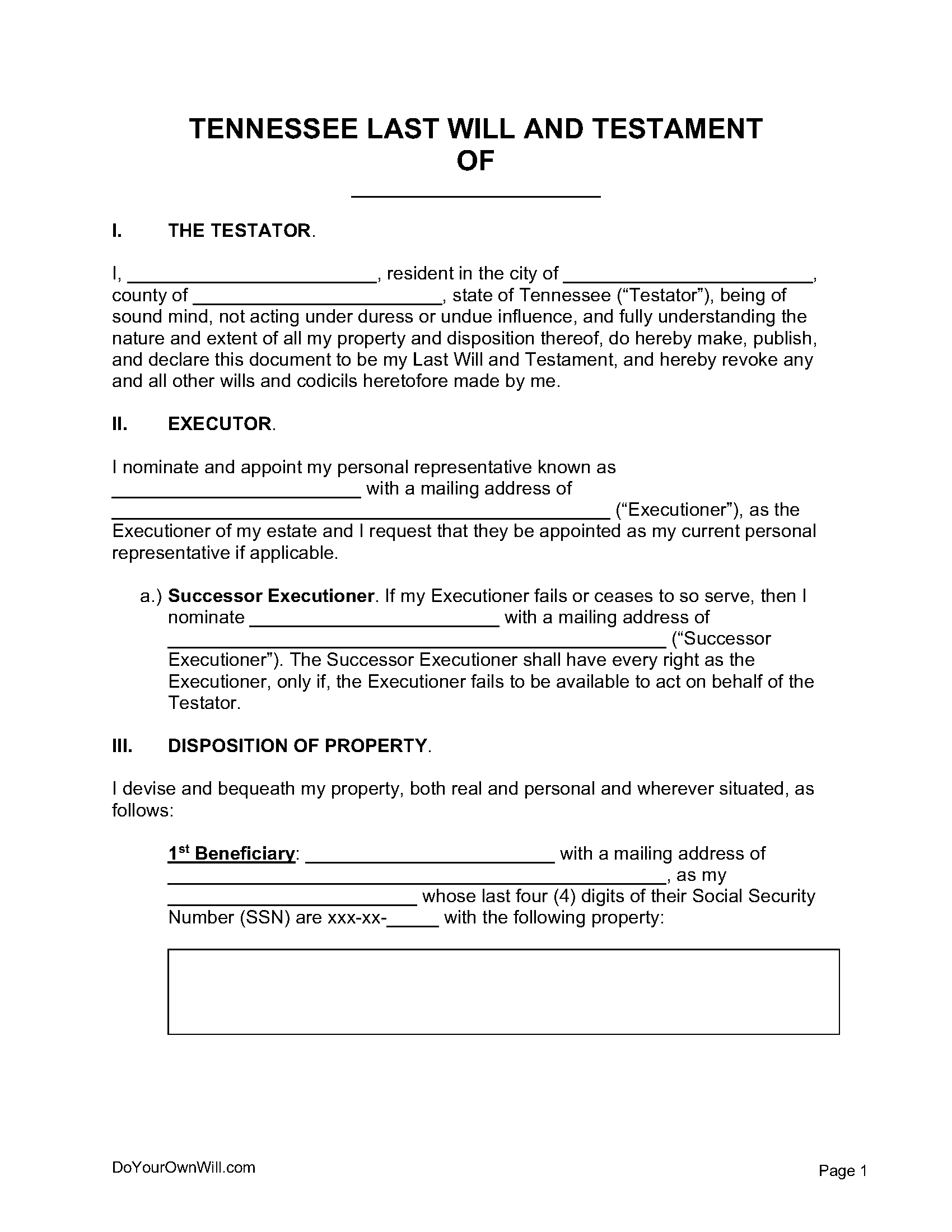 Free Tennessee Last Will And Testament Form PDF WORD ODT